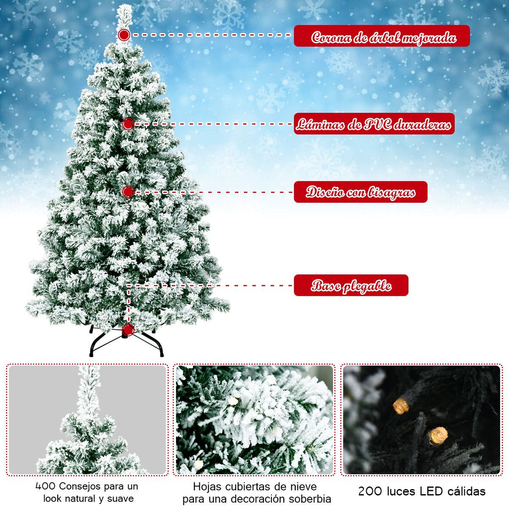 1.35m Árbol de Navidad Artificial Pino Nevado Iluminado 200 LEDs