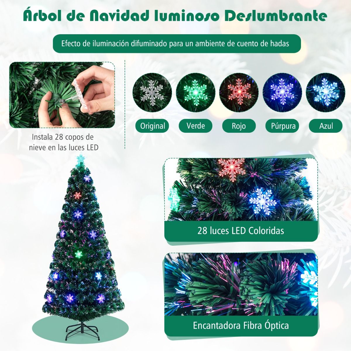 Árbol de Navidad 1.80m artificial iluminado con copos de nieve multicolor.