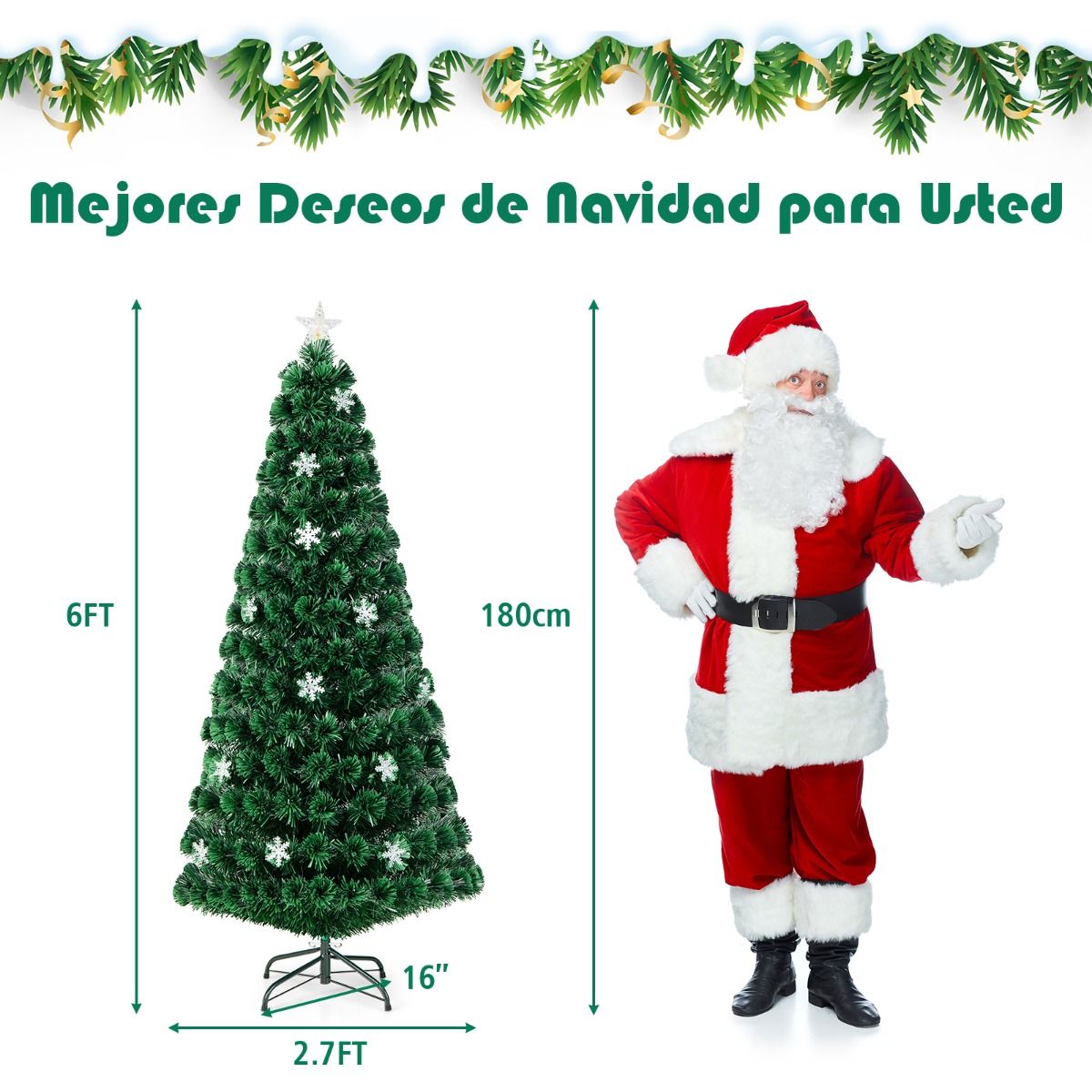 Árbol de Navidad 1.80m artificial iluminado con copos de nieve multicolor.