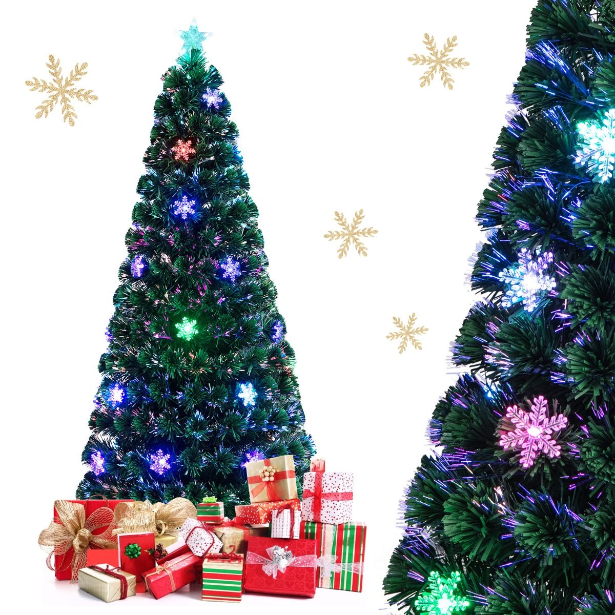 Árbol de Navidad 1.80m artificial iluminado con copos de nieve multicolor.